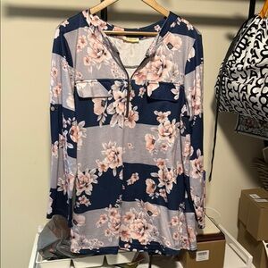 Baikea Blue and Pink flower V-neck w/zipper Long Sleeve shirt